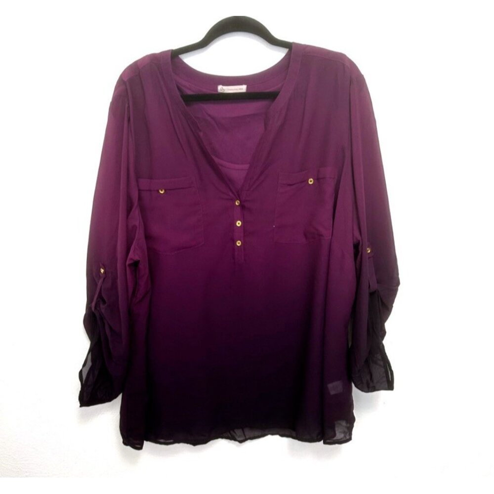 db established 1962 Purple Ombré Chiffon Blouse With Tank Roll Tab Sleeves‎ 3X